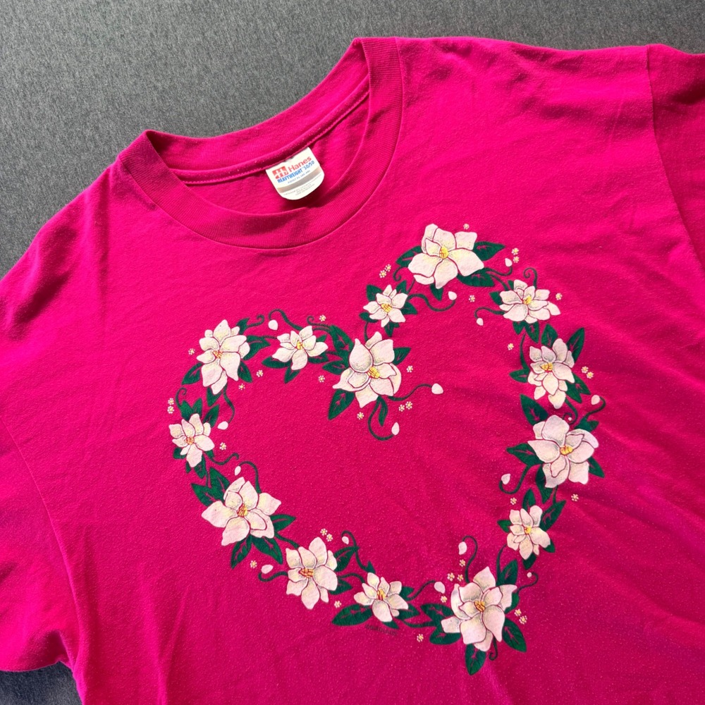 Vintage Hanes Heavyweight‎ 50/50 Pink Floral Heart T-Shirt Single Stitch XL 90s
